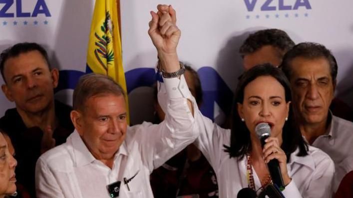 Venezuelan opposition leader Maria Corina Machado and opposition presidential candidate Edmundo Gonzalez hold a press conference after the electoral authority announced that Venezuelan President Nicolas Maduro has won a third term, during the presidential election, in Caracas, Venezuela July 29, 2024.