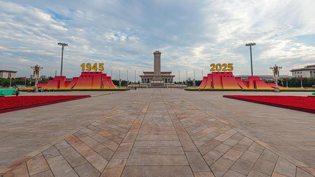 Tiananmen Square is decorated before the upcoming grand gathering on August 29, 2025 in Beijing, China. 