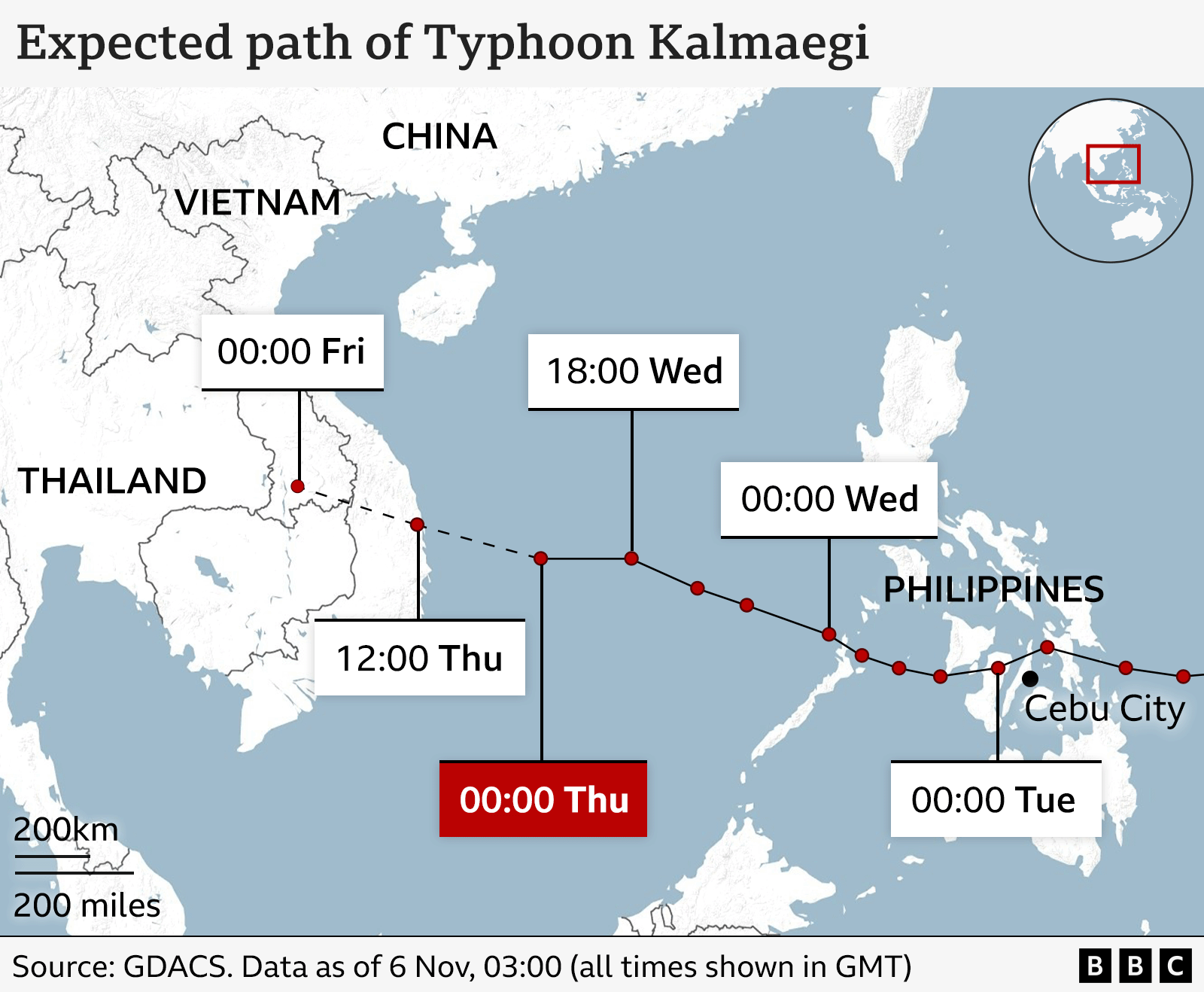 A map showing the expected path of Typhoon Kalmaegi